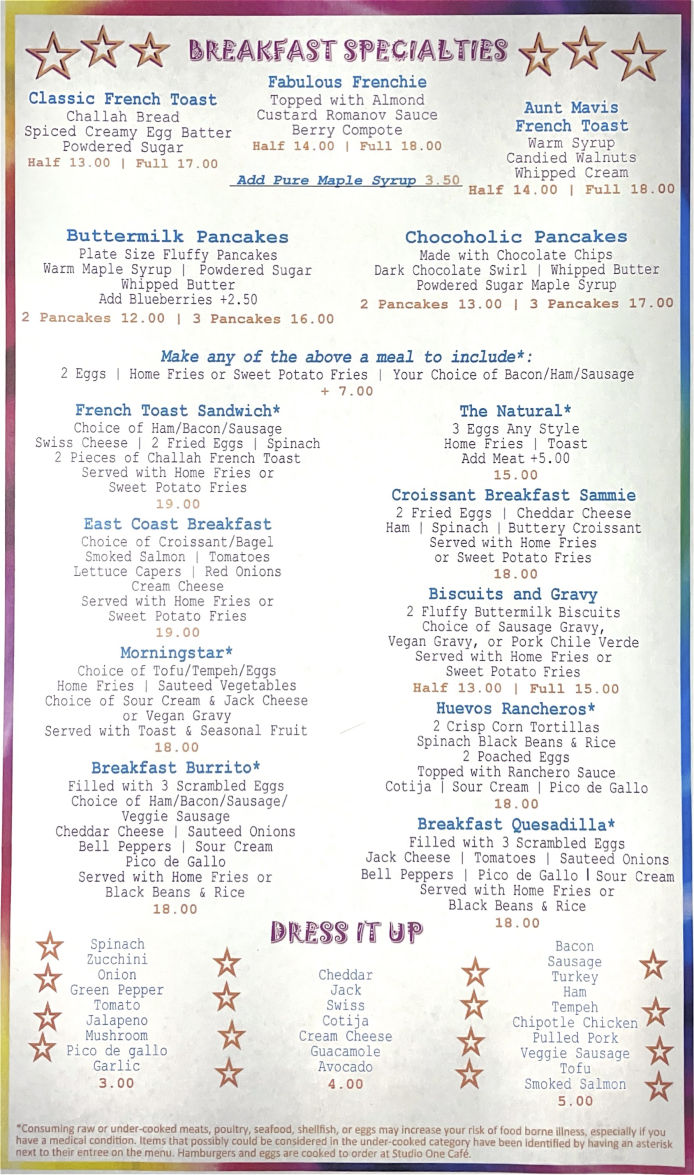 Studio One Cafe Menu Page 1