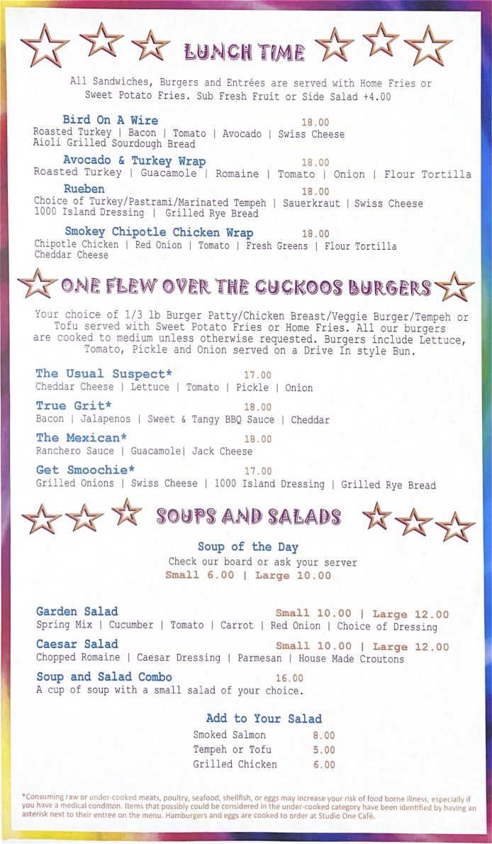 Studio One Cafe Menu Page 3